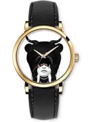 SPRAWL Aanalog Fashion Series Gold Ladies Watches of Genuine Black Leather Strap,Unique Wrist Watch for Women Girls Designed with Strange hat girl