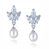 Sterling Silver Cubic Zirconia and 7.5x9 mm Freshwater Cultured Pearl Drop Earrings by Cheline