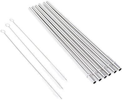 Set of 6 Reusable Thick and Wide Straight 18/8 Stainless Steel Straw Set + 3 Cleaning Brush Bundle Set. (6 Straws + 3 Brushes) Perfect For Your Smoothies, Coffee, 30 OZ Tumblers