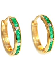 18K Yellow Gold Gemstone Emerald Diamond Hoop Earrings [EL0013]