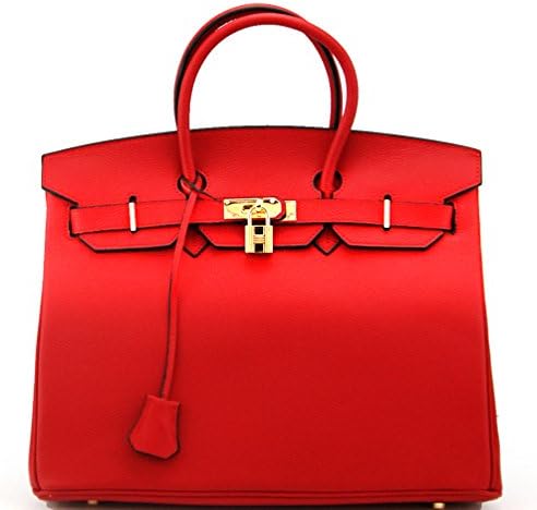 Genuine Leather Designer Inspired Fashion Satchel Handbag With Padlock (Red+Gold Hardware)
