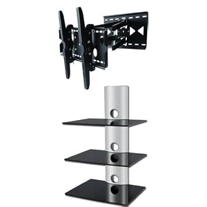 PACKAGE DEAL! Three SHELVES Wall Mount for AV Components-BLACK Glass SILVER Tube + Universal TILT Bracket with SWIVEL Extension DOUBLE ARM for JVC 37 40 42 46 47 50 52 54 55 60 inch TV Flat Panel-HD Ready Screen