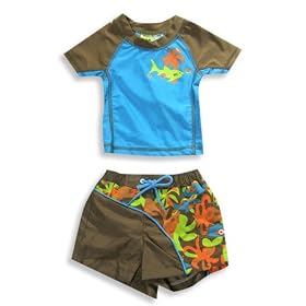 Make A Splash Swim Wear - Newborn Boys 2 Piece Swimsuit, Teal, Brown