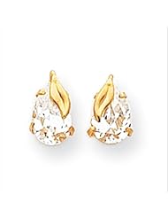 MadiK® 14k Yellow Gold Polished Leaf w/ 8 x 5mm Pear Cut CZ Post Earrings