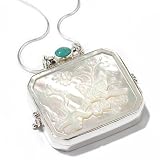 Sterling Silver Carved Mother-of-Pearl & Turquoise Locket Pendant w/ Chain
