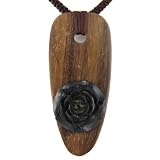 Hand Carved Black Horn Rose On Wood Spear Head Pendant