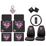 Supergirl Butterfly Design 10pc Combo Set Front & Rear Floor Mats, Seat Covers, Steering Wheel Cover, Dice & Key Chain Plus Bonus Matching Decal