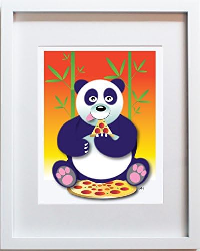 Pizza Panda, original framed nursery decor. 11x14inch white frame with mat. Hand signed by the artist. Like most of our designs, it's also available in a smaller 8x10inch frame.