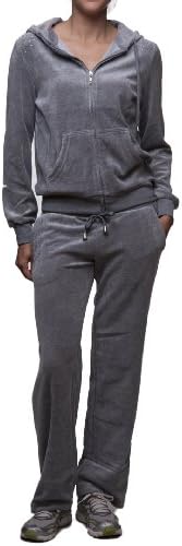 Women's Velour Jogging Hooded Rhinestone Jacket & String Pants Grey Large
