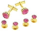 Gold plated and pink crystal cufflinks and shirt stud formal set with presentation box. Made in the USA
