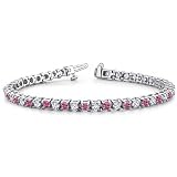 Natural Pink Sapphire and Diamond Bracelet in 18k White Gold Tennis Bracelet (G, SI1, 4.25 cttw)-Certificate of Authenticity, 4 Prong Setting, 7