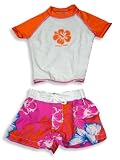 Coral Reef -Girls 2-Piece Short Sleeved Swim Set, Orange, Rasberry