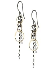 Melissa Joy Manning "Mixed Metals" Mixed Metal with Three Gold Round-Rings and Oxidized Dangle Chain Drop Earrings