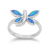 Rhodium Plated Sterling Silver Wedding & Engagement Ring Blue Opal Dragonfly Ring 12MM ( Size 5 to 9)