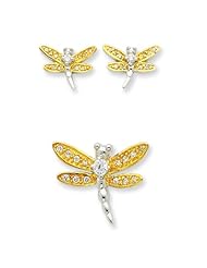 Sterling Silver Yellow Cz Dragonfly Earrings And Pendent Set