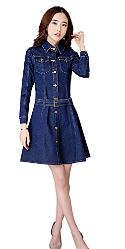 デニムワンピース 長袖 シャツワンピース シンプル ウエストベルト カジュアル キュート エレガンス レディース 冬物 春物 可愛いスカーフ付き R707