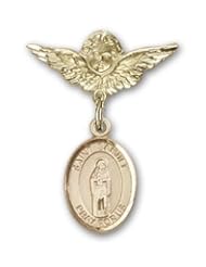14K Gold Baby Badge with St. Samuel Charm and Angel with Wings Badge Pin