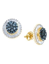1 cttw 10k Yellow Gold Round and Baguette Cut Flower Shaped Earrings Blue Diamond Round and Baguette Cut Flower Shaped Earrings (Real Diamonds: 1 cttw)