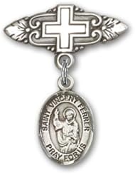 Sterling Silver Baby Badge with St. Vincent Ferrer Charm and Badge Pin with Cross
