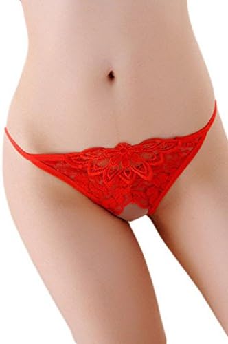 Musefeel Womens Open Crotch Sheer Lace G-string Thong Red