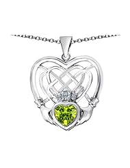 Celtic Love By Kelly (tm) Celtic Knot Irish Heart Claddagh Pendant with Heart Shape Simulated Peridot in 925 Sterling Silver