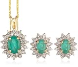 Diamond with Emerald Earrings and Pendant Necklace Set in 9ct Yellow Gold