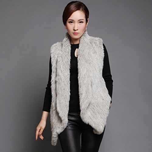 FEISSI Women's Real Knitted Rabbit Fur Vest in Gray (Small)