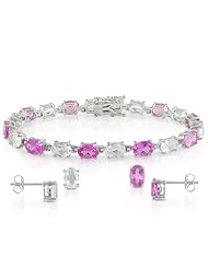 Sterling Silver Created Pink Sapphire, and White Topaz Stud Earrings