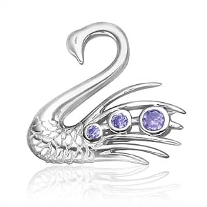 Amethyst CZ and Sterling Silver Swan Brooch by
