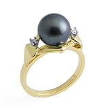 Tahitian Black Pearl Ring with Diamond in 14K Yellow Gold