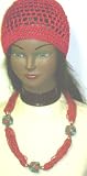 Multi Strand Very Fine Red Beads Separated By Multi Crusted Large Beads Short Chain Necklace Offered with Hand Crocheted Red Metallic Gimp Skull Cap