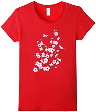 Women's Cherry Blossoms Butterflies Pink Blooms Shirt Lovers Insect Medium Red
