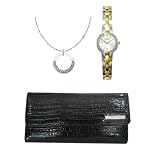 Kenneth Cole Elongated Clutch Wallet Black + Pulsar Women's Dress Watch with Swarovski Crystal and Matching Necklace Box Set