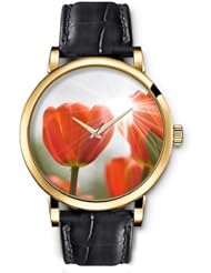 SPRAWL Aanalog Fashion Series Gold Ladies Watches of Genuine Black Leather Strap,Unique Wrist Watch for Women Girls Designed with orange tulips