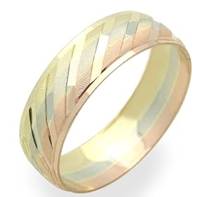 14K Wedding Band Women's 6MM Diamond-Cut Three Tone Gold Ring For Size 5