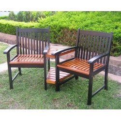 Acacia Wood Outdoor Corner Double Chair in Black Oak (Black Oak) (35H x 62.25W x 23.5D)