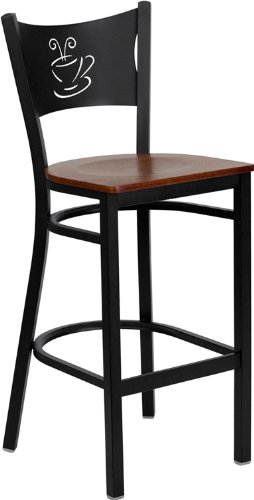 Flash Furniture XU-DG-60114-COF-BAR-MAHW-GG Hercules Series Black Coffee Back Metal Restaurant Bar Stool with Mahogany Wood Seat On Sale