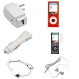 USB Data Hotsync & Charging Cable + USB Car Charger + USB Home Travel Charger + Solid Red Snap On Crystal Cover Case + White Stereo 3.5mm Headset + Clear Reusable LCD Screen Protector for Apple Nano Chromatic 8GB 16GB 4th 4G Generation