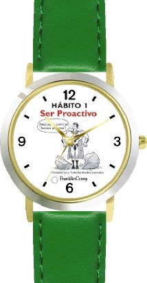 Habit 1 - Proactive Man (Spanish Text) - DELUXE TWO-TONE WATCH from THE 7 HABITS - WATCH COLLECTION BY WATCHBUDDY® - Arabic Numbers - Green Leather Strap-Size-Children