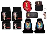 Betty Boop Aloha 10pc Combo Set Front & Rear Floor Mats, Seat Covers, Steering Wheel Cover, Litter Bag, CD Visor & Keychain Plus Bonus Matching Decals