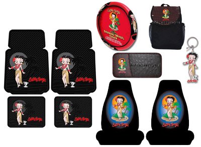 Betty Boop Aloha 10pc Combo Set Front & Rear Floor Mats, Seat Covers, Steering Wheel Cover, Litter Bag, CD Visor & Keychain Plus Bonus Matching Decals