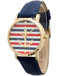 Womens Geneva Multi Color Striped Anchor Leather Watch - Navy