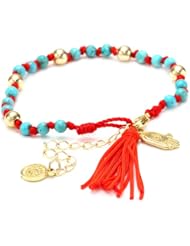 Blee Inara Turquoise and Gold Small Beads Bracelet with Hamsa and Tassel Red