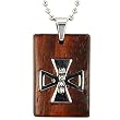 Stainless Steel Natural Redwood Cubic Zirconia Iron Cross Rectangular Pendant w. Woven Faux Leather Necklace