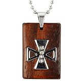 Stainless Steel Natural Redwood Cubic Zirconia Iron Cross Rectangular Pendant w. Woven Faux Leather Necklace