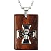Stainless Steel Natural Redwood Cubic Zirconia Iron Cross Rectangular Pendant w. Woven Faux Leather Necklace