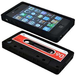 Black/Red Silicone Cassette Tape Case / Skin / Cover for Apple iPhone 4 / 4G