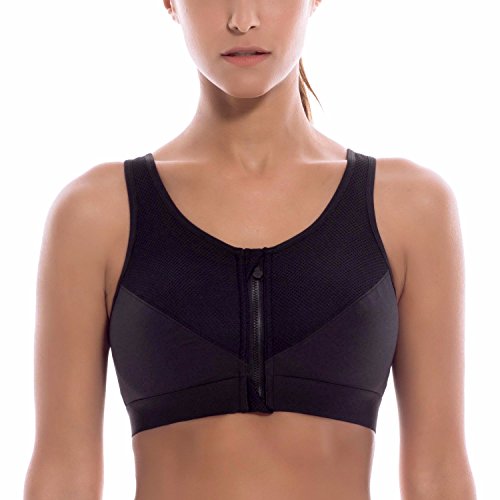 SYROKAN Women's High Impact Zipper Front Wire Free Cross Back Support Sports Bra