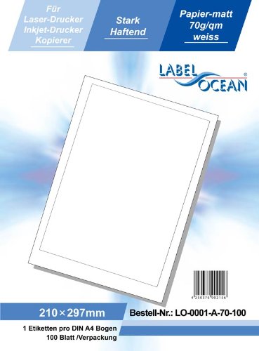Buy 100 Sheets A4 adhesive labels 210x297mm, 1 label per sheet, 70g/m2 ...