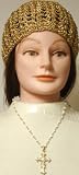 Hand Crocheted Gold Gimp Skull Cap Offered in Combination with Genuine Gold Plated Medium Chain Necklace with Cross Pendant Decorated with Fine Beads and Crystals